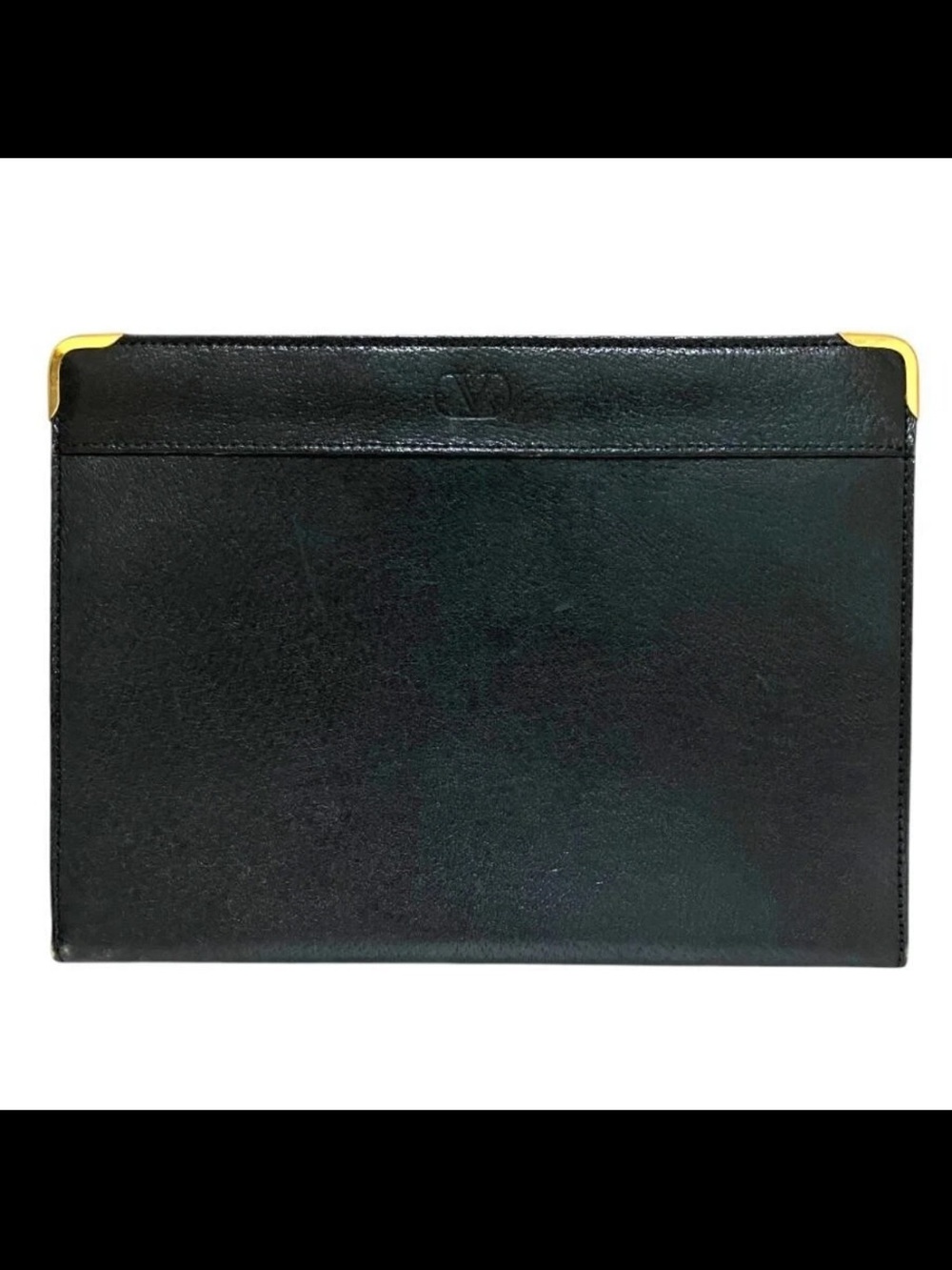 Valentino Garavani Black Leather Clutch with Gold Corner Accents